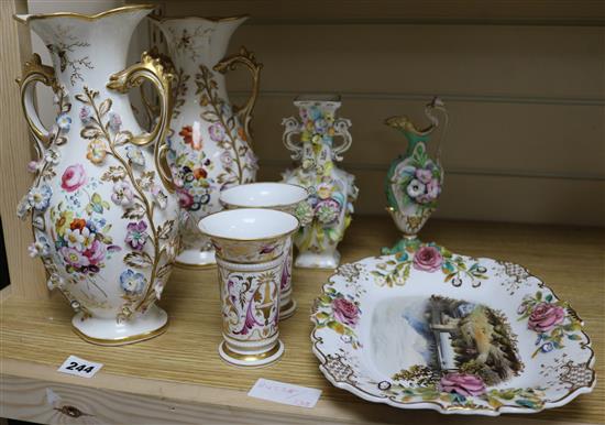 19th century English bone china dish - a pair of vases, Derby spill vases, a ewer and another vase